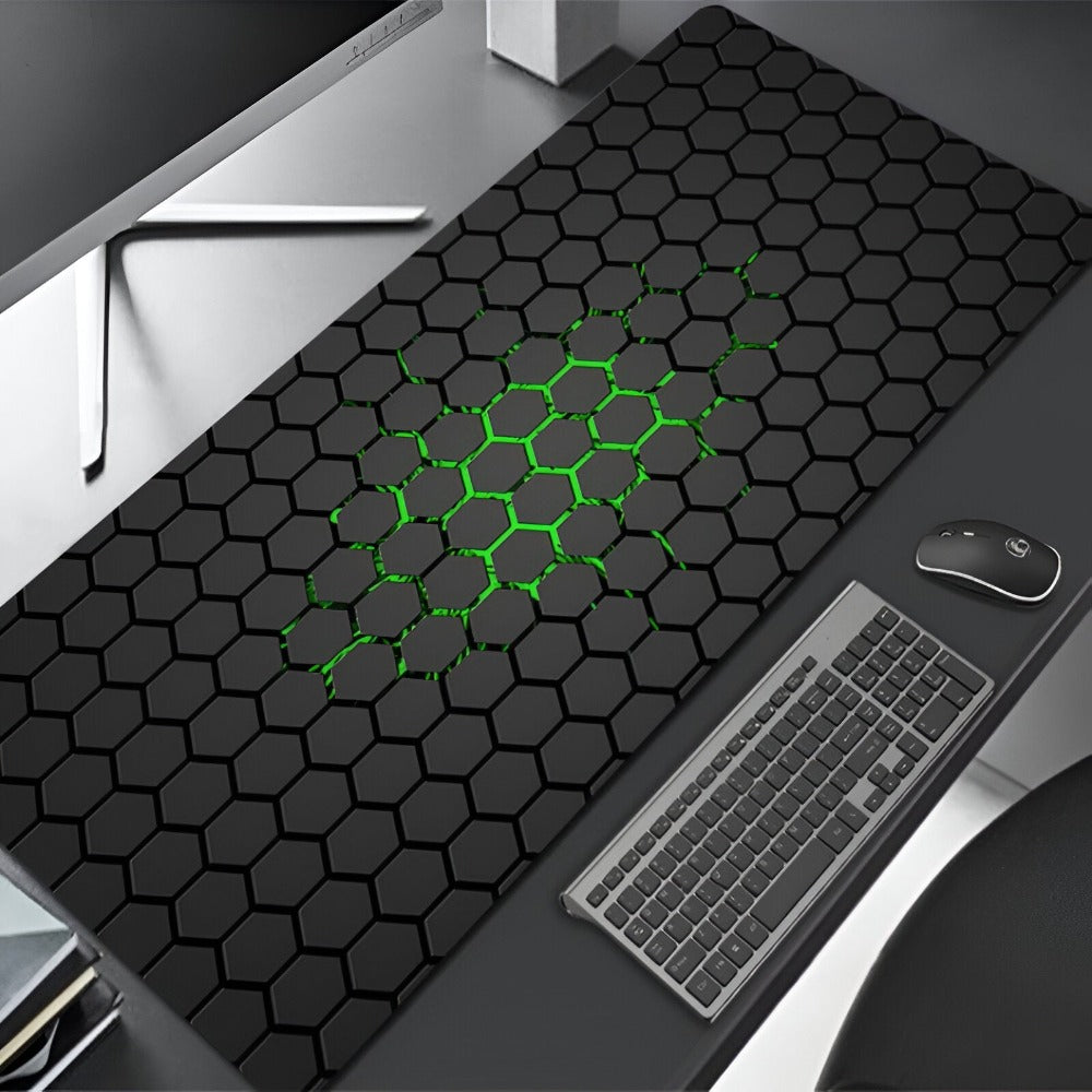 Mousepad Mare Cauciucat pentru Gaming, Birou, Office, Antiderapant, Cusaturi Anti-Rupere, Waterproof, model Honeycomb, 80 x 30cm, Negru/Verde