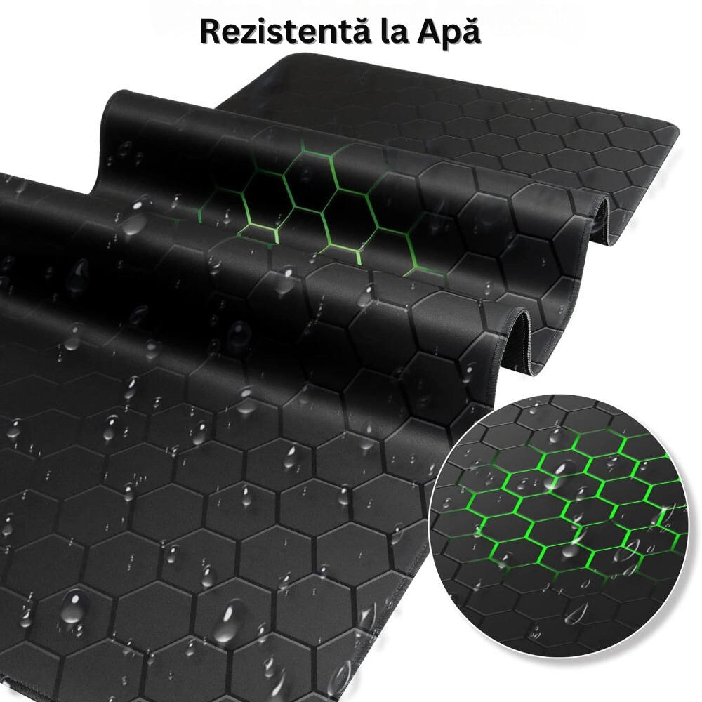 Mousepad Mare Cauciucat pentru Gaming, Birou, Office, Antiderapant, Cusaturi Anti-Rupere, Waterproof, model Honeycomb, 80 x 30cm, Negru/Verde