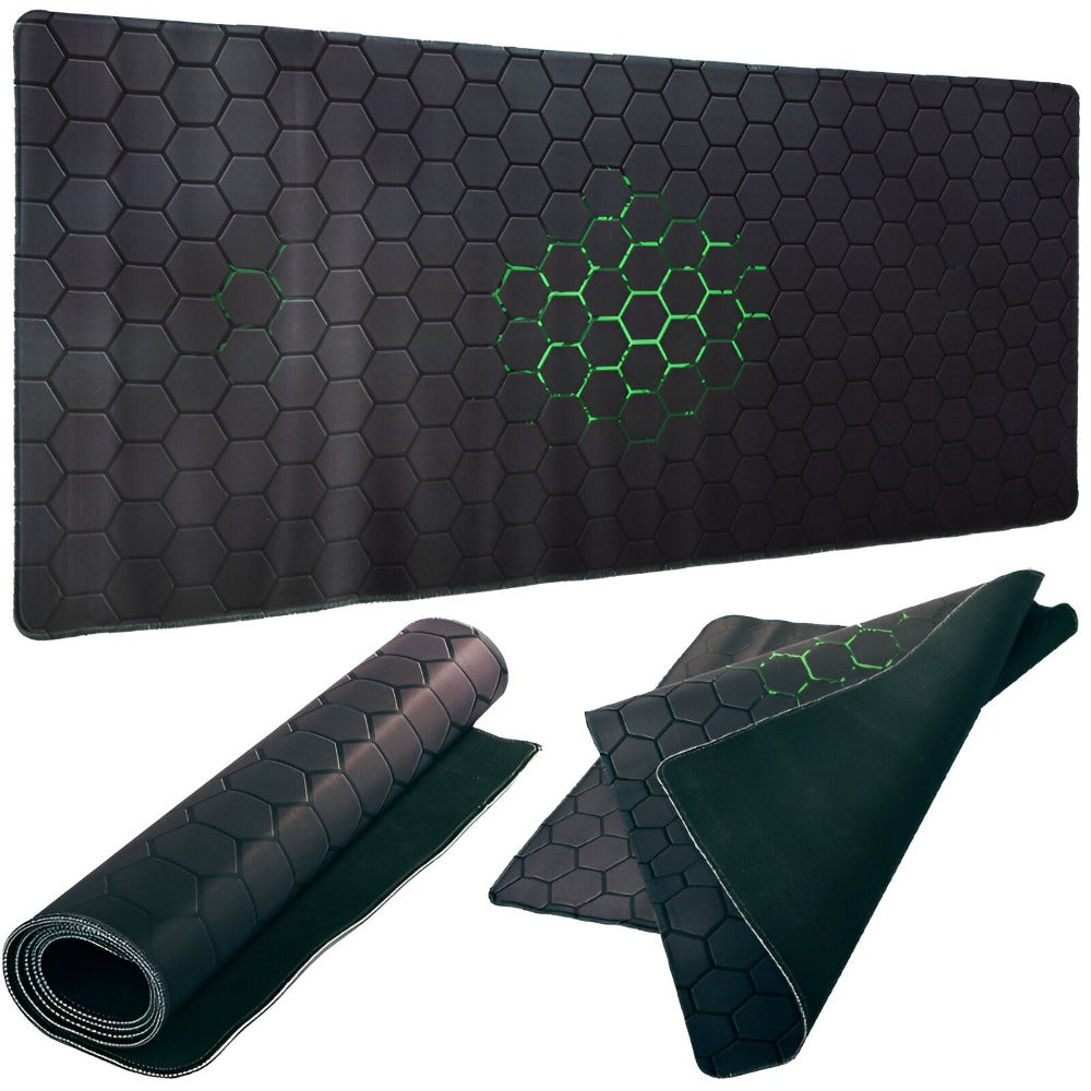 Mousepad Mare Cauciucat pentru Gaming, Birou, Office, Antiderapant, Cusaturi Anti-Rupere, Waterproof, model Honeycomb, 80 x 30cm, Negru/Verde