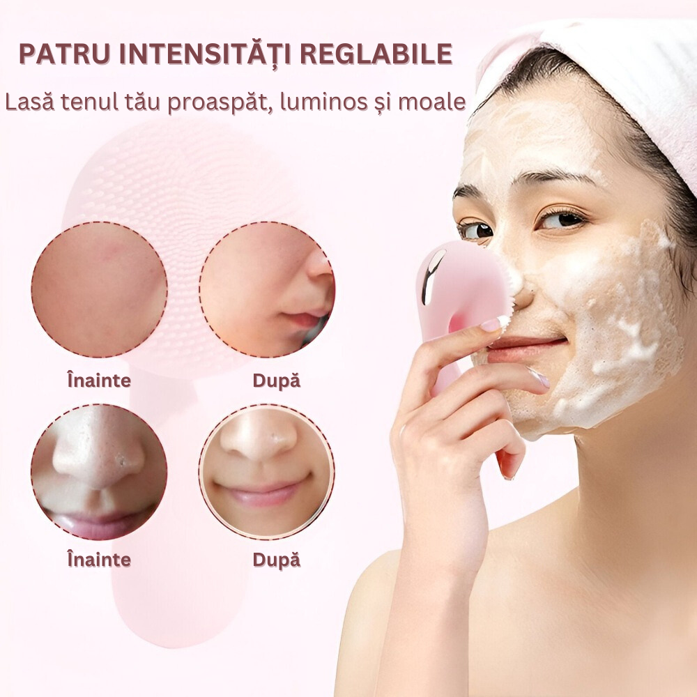 Perie Electrica de Silicon pentru Curatare Faciala, 4 Moduri de Utilizare, Curatare, Demachiere, Masaj si Lifting, Fara Fir, Rezistent la Apa, pentru Eliminarea Ridurilor, Ingrijirea Tenului, Circulatia Sangelui, Portabil, Incarcare Magnetica, Roz