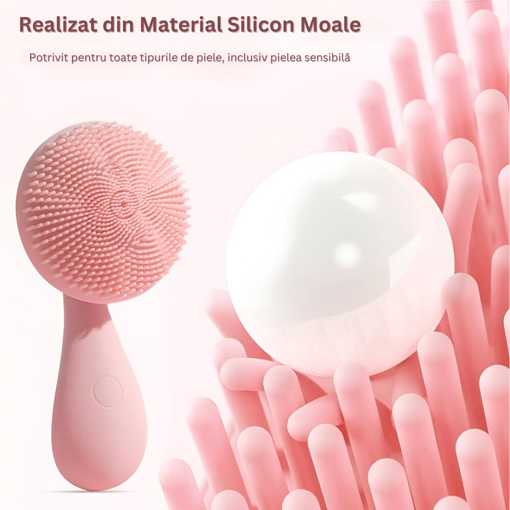 Perie Electrica de Silicon pentru Curatare Faciala, 4 Moduri de Utilizare, Curatare, Demachiere, Masaj si Lifting, Fara Fir, Rezistent la Apa, pentru Eliminarea Ridurilor, Ingrijirea Tenului, Circulatia Sangelui, Portabil, Incarcare Magnetica, Roz