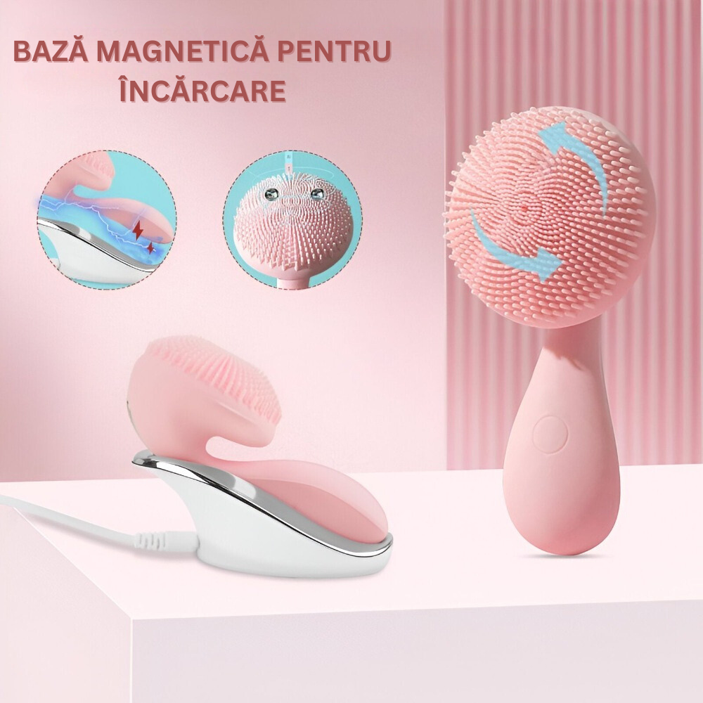 Perie Electrica de Silicon pentru Curatare Faciala, 4 Moduri de Utilizare, Curatare, Demachiere, Masaj si Lifting, Fara Fir, Rezistent la Apa, pentru Eliminarea Ridurilor, Ingrijirea Tenului, Circulatia Sangelui, Portabil, Incarcare Magnetica, Roz