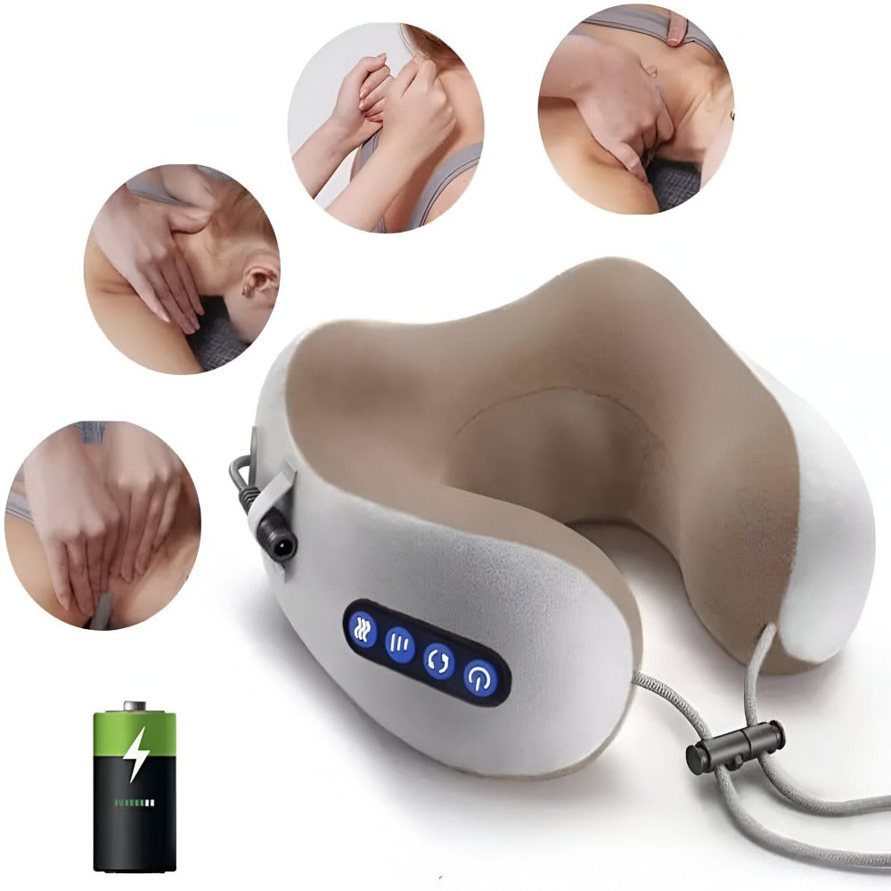 Perna pentru Masaj la Gat, Suport Cervical, din Spuma cu Memorie, in forma de U, 3 Functii, Miscare Circulara, Relaxarea Muschilor, Pozitie Confortabila, Incalzire, Husa Detasabila, pentru Acasa, Birou, Masina sau Calatorii, Incarcare USB, Gri