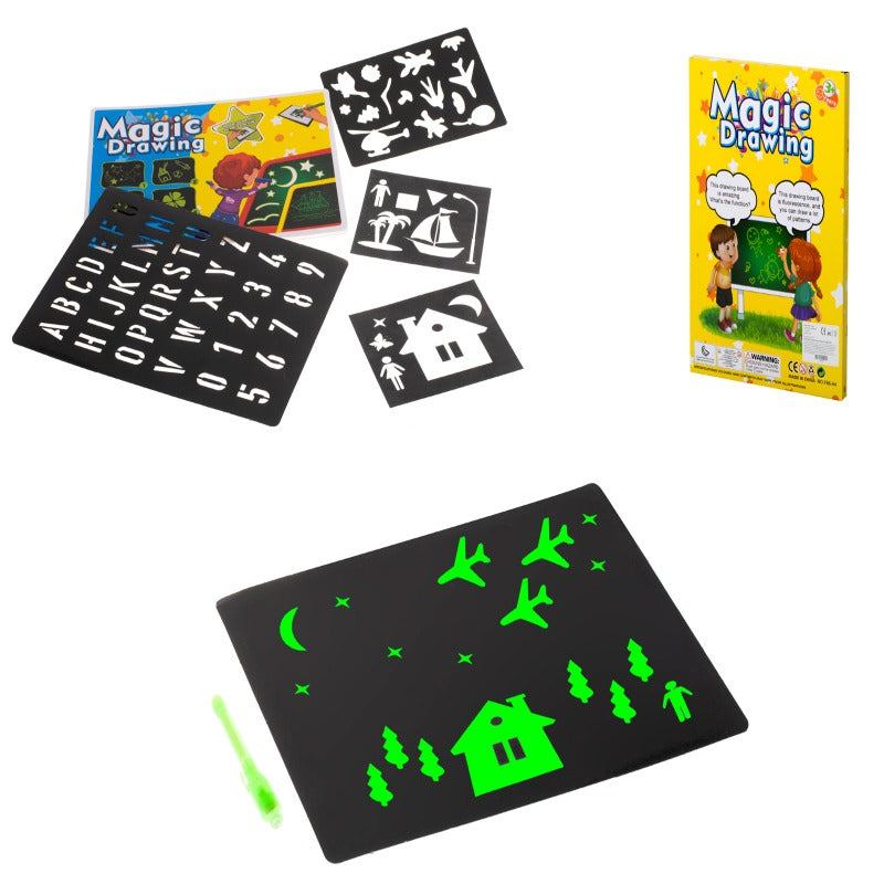 Plansa pentru Desenat cu Ajutorul Luminii Magice Led, 4 Sabloane Diferite, Stilou cu Lumina, Straluceste in Intuneric, Usoara si Subtire, 29 x 20.5 cm, Negru