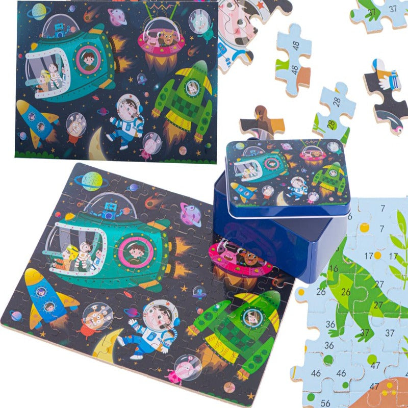 Puzzle din Lemn 100 de Piese 2 in 1, Dinozauri cu Cifre si Cosmos, Cutie Metalica Depozitare Inclusa, 28.5 x 22.5 cm, Multicolor