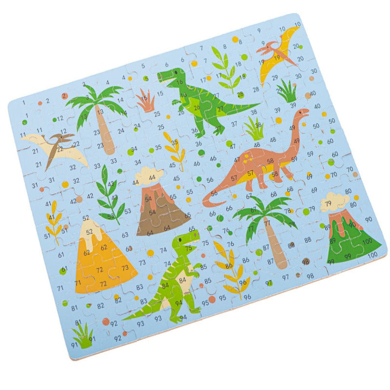 Puzzle din Lemn 100 de Piese 2 in 1, Dinozauri cu Cifre si Cosmos, Cutie Metalica Depozitare Inclusa, 28.5 x 22.5 cm, Multicolor