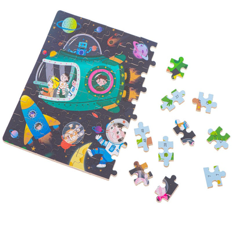 Puzzle din Lemn 100 de Piese 2 in 1, Dinozauri cu Cifre si Cosmos, Cutie Metalica Depozitare Inclusa, 28.5 x 22.5 cm, Multicolor