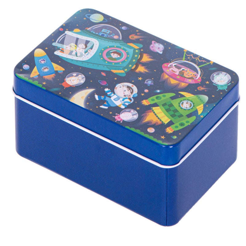 Puzzle din Lemn 100 de Piese 2 in 1, Dinozauri cu Cifre si Cosmos, Cutie Metalica Depozitare Inclusa, 28.5 x 22.5 cm, Multicolor