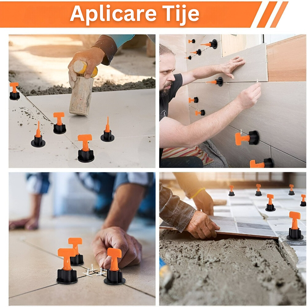 Set 152 de Piese Sistem Montare, Nivelare, Placi Ceramice, Gresie si Faianta, Reutilizabile, pentru Incepatori, Avansati, Dinstantiere, Rost de la 1 mm la 3 mm, 100 Tije tip T, 50 Cruciulite, 2 Chei Strangere, Negru/Portocaliu