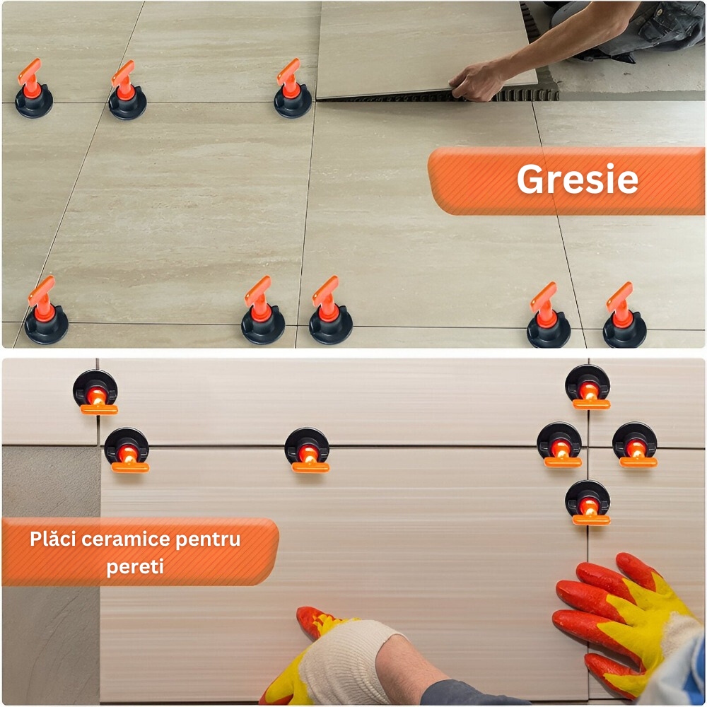 Set 152 de Piese Sistem Montare, Nivelare, Placi Ceramice, Gresie si Faianta, Reutilizabile, pentru Incepatori, Avansati, Dinstantiere, Rost de la 1 mm la 3 mm, 100 Tije tip T, 50 Cruciulite, 2 Chei Strangere, Negru/Portocaliu