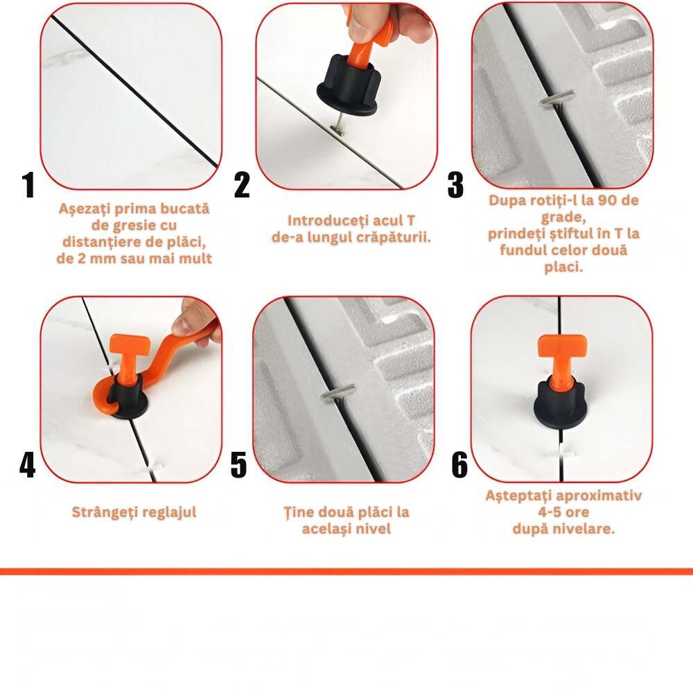 Set 152 de Piese Sistem Montare, Nivelare, Placi Ceramice, Gresie si Faianta, Reutilizabile, pentru Incepatori, Avansati, Dinstantiere, Rost de la 1 mm la 3 mm, 100 Tije tip T, 50 Cruciulite, 2 Chei Strangere, Negru/Portocaliu