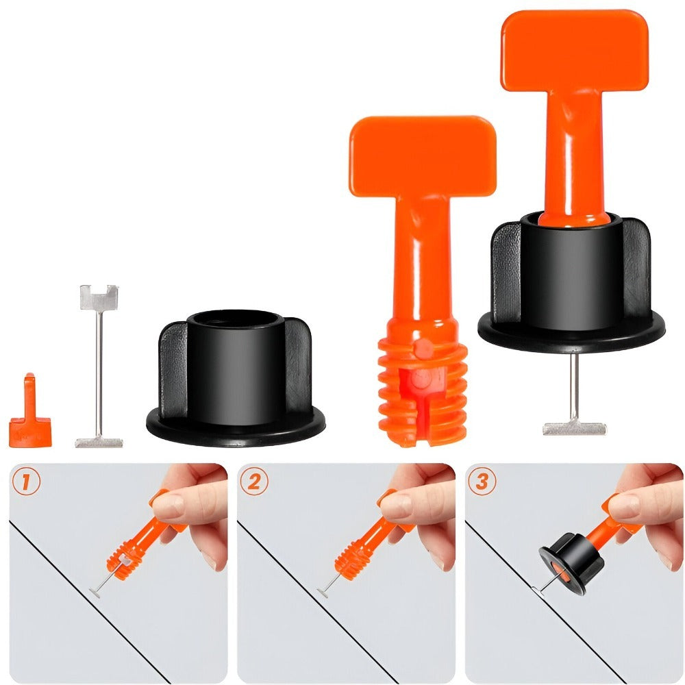 Set 152 de Piese Sistem Montare, Nivelare, Placi Ceramice, Gresie si Faianta, Reutilizabile, pentru Incepatori, Avansati, Dinstantiere, Rost de la 1 mm la 3 mm, 100 Tije tip T, 50 Cruciulite, 2 Chei Strangere, Negru/Portocaliu