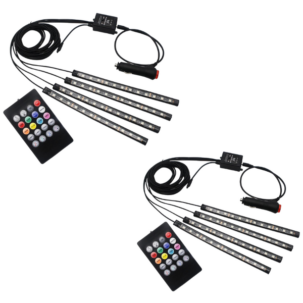 Set 2 x Iluminare Ambientala Auto Banda LED RGB, Interior Masina, 4 Benzi, 48 Leduri SMD, 12V, Senzor Muzica, Intensitate Reglabila, Incarcare la Bricheta Auto, Buton ON/OFF, 8 Culori, Autoadezive, Usor de Instalat, cu Telecomanda, Multicolor