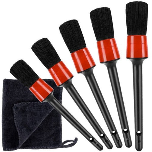 Set 5 Pensule pentru Detailing si Curatare interior-exterior Auto, Elemente de Caroserie, Bord, Tapiterie, Ventilatie, Jante si Spatii Greu Accesibile, Dimeniuni Diferite, Perii Moi, Carpa Microfibra Inclusa, Negru/Rosu