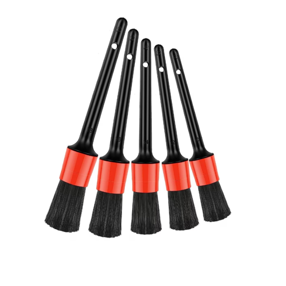 Set 5 Pensule pentru Detailing si Curatare interior-exterior Auto, Elemente de Caroserie, Bord, Tapiterie, Ventilatie, Jante si Spatii Greu Accesibile, Dimeniuni Diferite, Perii Moi, Carpa Microfibra Inclusa, Negru/Rosu