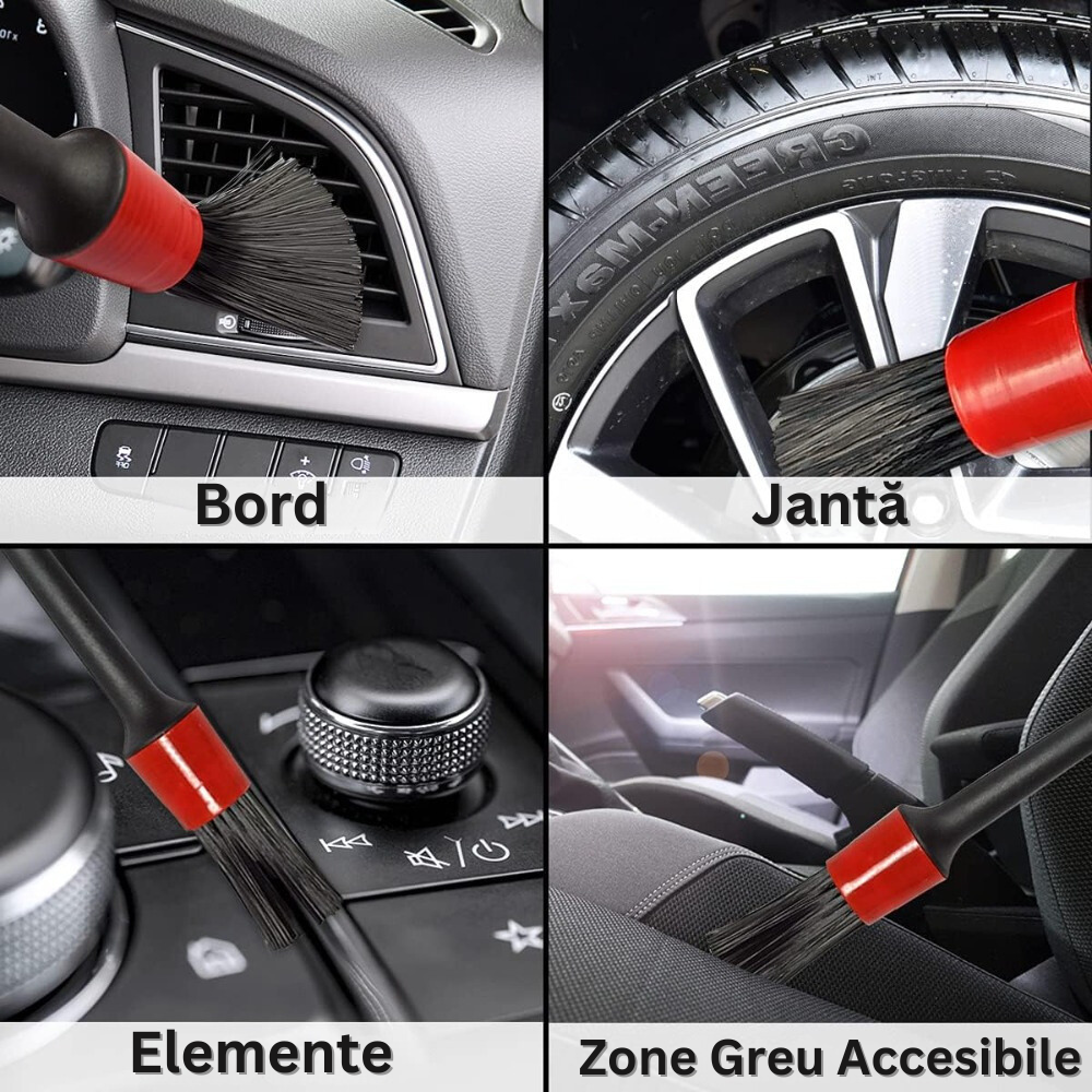 Set 5 Pensule pentru Detailing si Curatare interior-exterior Auto, Elemente de Caroserie, Bord, Tapiterie, Ventilatie, Jante si Spatii Greu Accesibile, Dimeniuni Diferite, Perii Moi, Carpa Microfibra Inclusa, Negru/Rosu