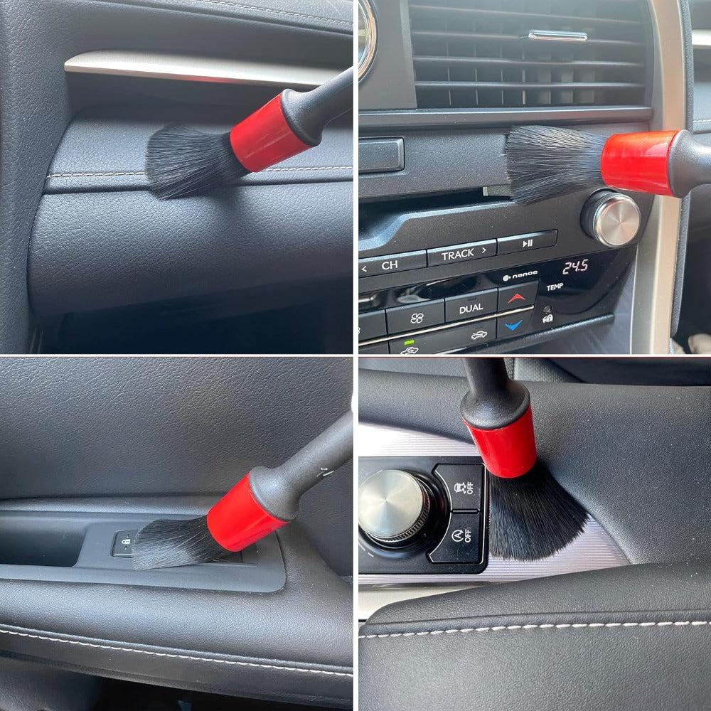 Set 5 Pensule pentru Detailing si Curatare interior-exterior Auto, Elemente de Caroserie, Bord, Tapiterie, Ventilatie, Jante si Spatii Greu Accesibile, Dimeniuni Diferite, Perii Moi, Carpa Microfibra Inclusa, Negru/Rosu