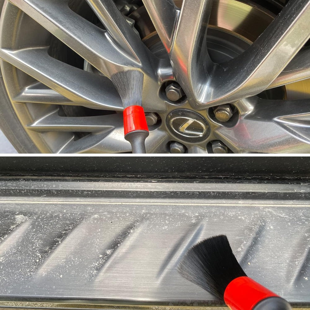 Set 5 Pensule pentru Detailing si Curatare interior-exterior Auto, Elemente de Caroserie, Bord, Tapiterie, Ventilatie, Jante si Spatii Greu Accesibile, Dimeniuni Diferite, Perii Moi, Carpa Microfibra Inclusa, Negru/Rosu