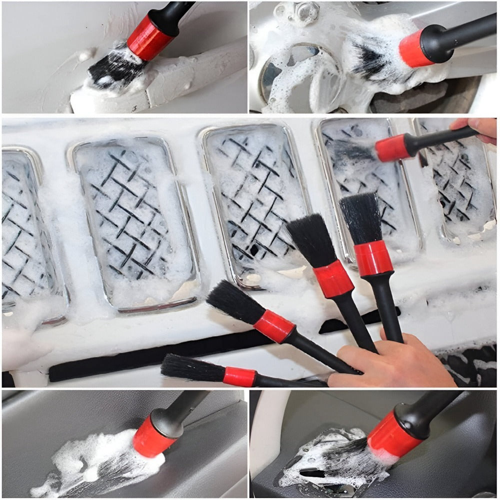 Set 5 Pensule pentru Detailing si Curatare interior-exterior Auto, Elemente de Caroserie, Bord, Tapiterie, Ventilatie, Jante si Spatii Greu Accesibile, Dimeniuni Diferite, Perii Moi, Carpa Microfibra Inclusa, Negru/Rosu