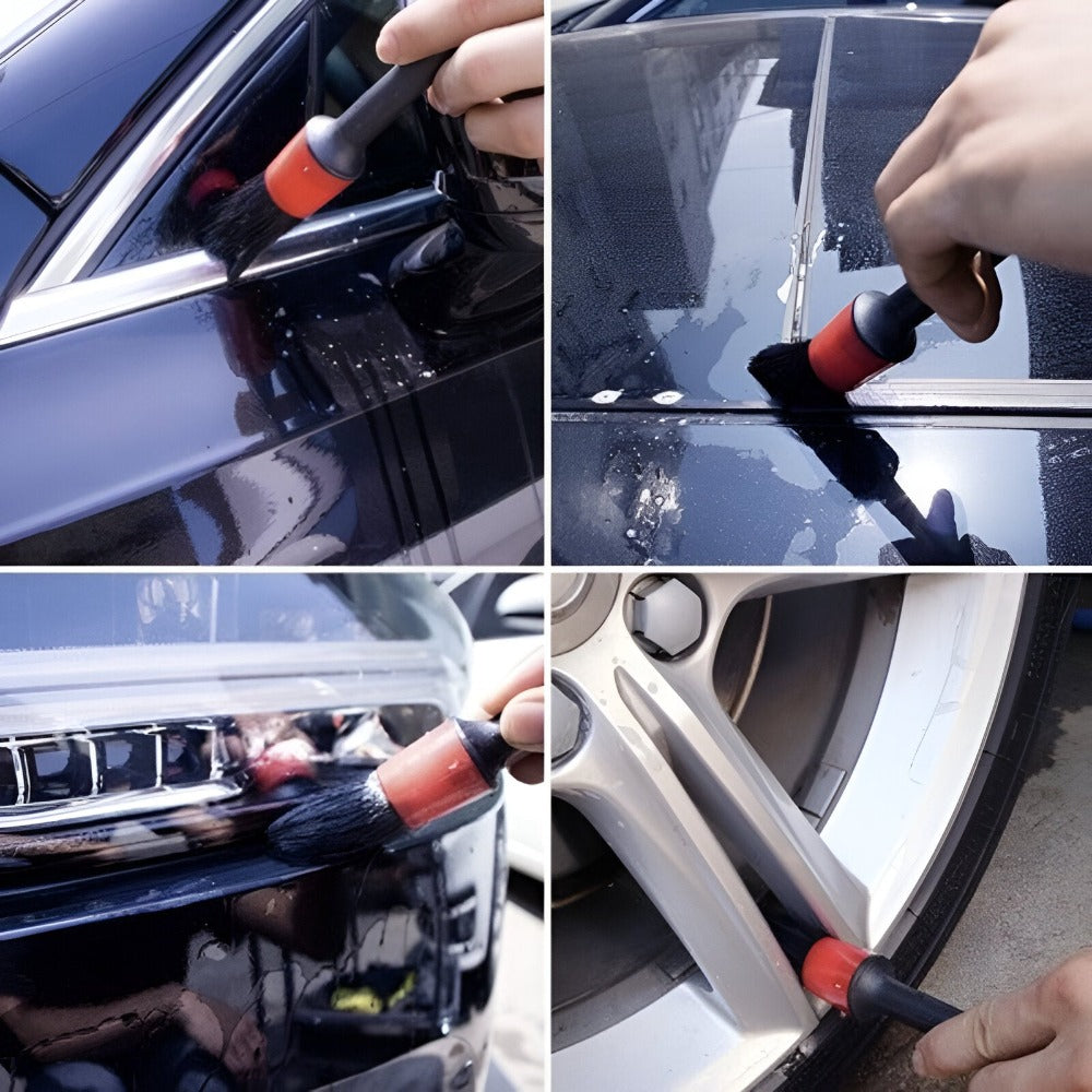 Set 5 Pensule pentru Detailing si Curatare interior-exterior Auto, Elemente de Caroserie, Bord, Tapiterie, Ventilatie, Jante si Spatii Greu Accesibile, Dimeniuni Diferite, Perii Moi, Carpa Microfibra Inclusa, Negru/Rosu