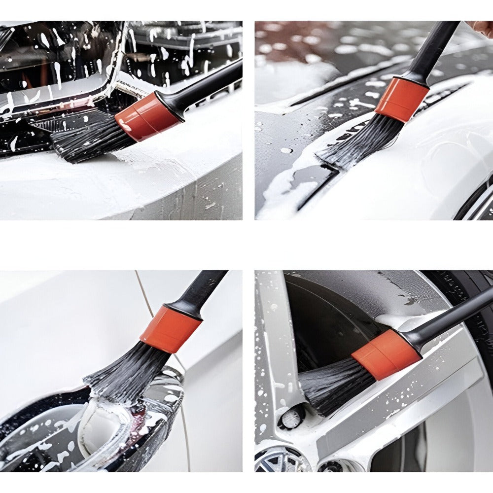 Set 5 Pensule pentru Detailing si Curatare interior-exterior Auto, Elemente de Caroserie, Bord, Tapiterie, Ventilatie, Jante si Spatii Greu Accesibile, Dimeniuni Diferite, Perii Moi, Carpa Microfibra Inclusa, Negru/Rosu