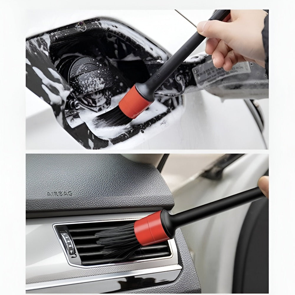 Set 5 Pensule pentru Detailing si Curatare interior-exterior Auto, Elemente de Caroserie, Bord, Tapiterie, Ventilatie, Jante si Spatii Greu Accesibile, Dimeniuni Diferite, Perii Moi, Carpa Microfibra Inclusa, Negru/Rosu