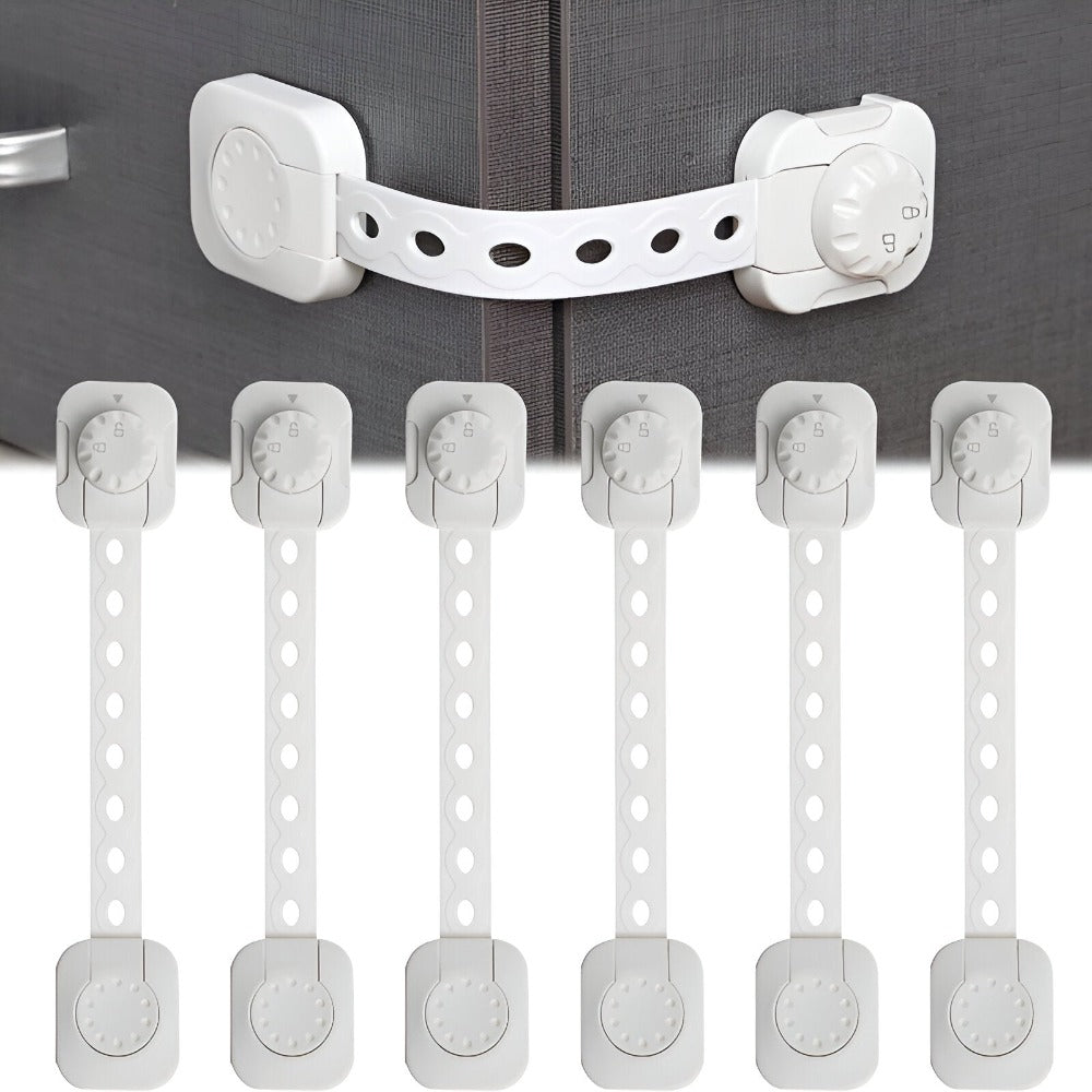 Set 6 Sigurante Usi Copii, Sistem de Blocare Mobilier, Sertare, Dulap, Frigider, Congelator, Usa Cuptor, Capac Toaleta, Previne Deschiderea Accidentala, Banda Autoadeziva, Fara Urme dupa Indepartare, Lungime Ajustabila, Sistem Inchidere Dublu, Alb