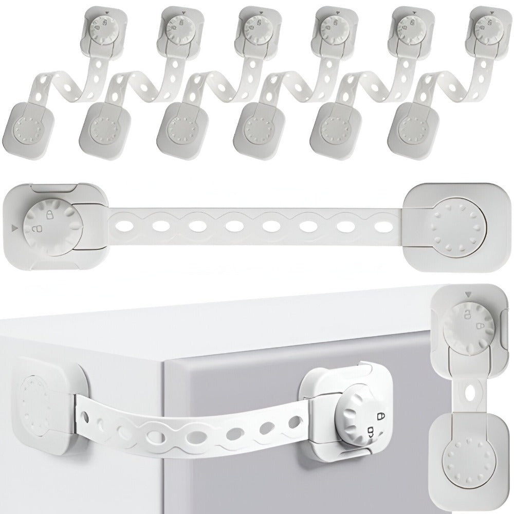 Set 6 Sigurante Usi Copii, Sistem de Blocare Mobilier, Sertare, Dulap, Frigider, Congelator, Usa Cuptor, Capac Toaleta, Previne Deschiderea Accidentala, Banda Autoadeziva, Fara Urme dupa Indepartare, Lungime Ajustabila, Sistem Inchidere Dublu, Alb