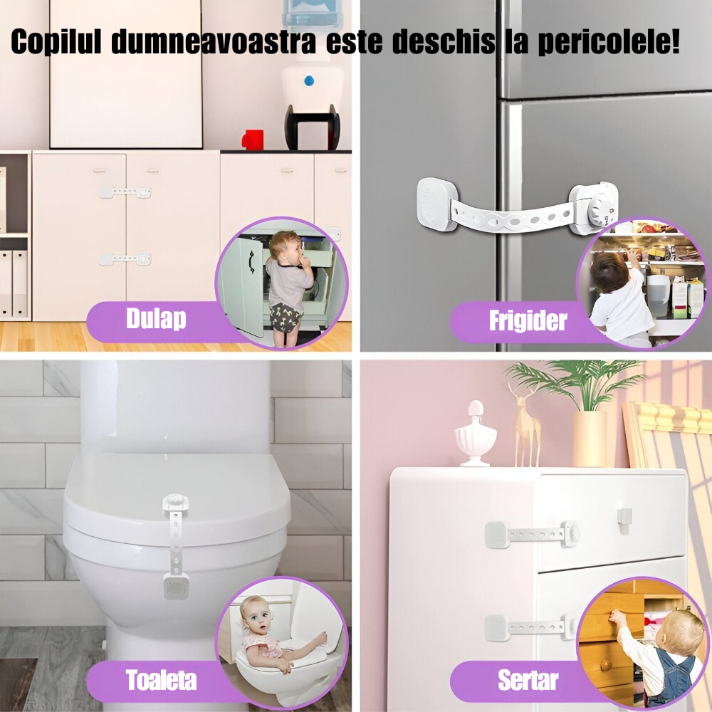 Set 6 Sigurante Usi Copii, Sistem de Blocare Mobilier, Sertare, Dulap, Frigider, Congelator, Usa Cuptor, Capac Toaleta, Previne Deschiderea Accidentala, Banda Autoadeziva, Fara Urme dupa Indepartare, Lungime Ajustabila, Sistem Inchidere Dublu, Alb