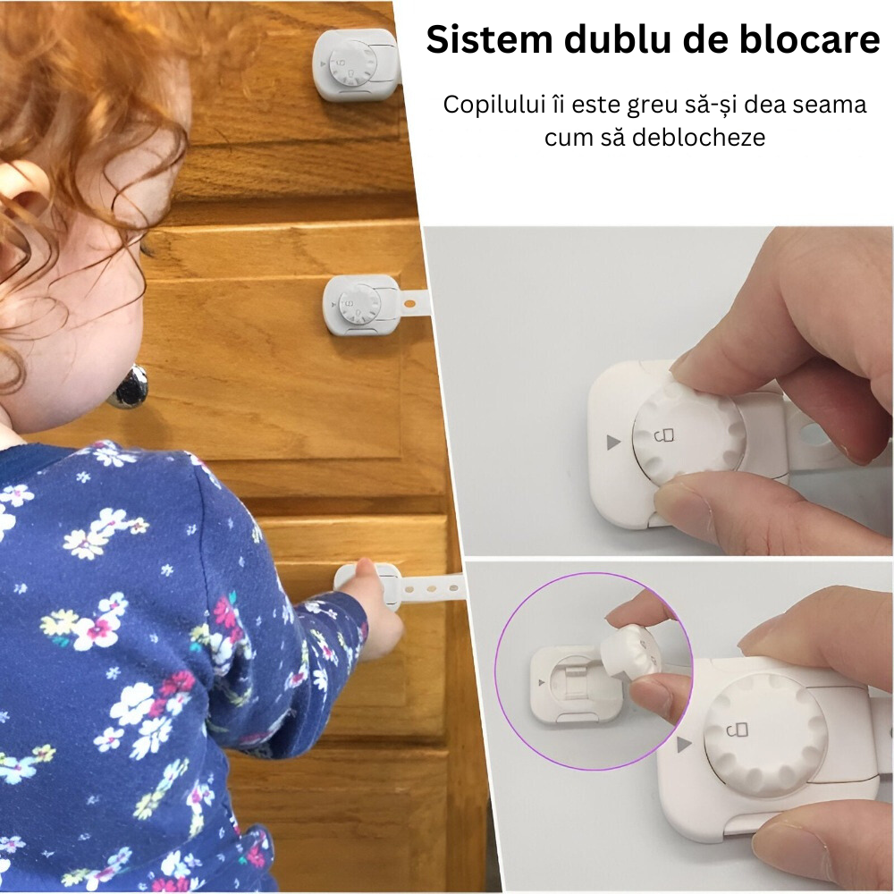 Set 6 Sigurante Usi Copii, Sistem de Blocare Mobilier, Sertare, Dulap, Frigider, Congelator, Usa Cuptor, Capac Toaleta, Previne Deschiderea Accidentala, Banda Autoadeziva, Fara Urme dupa Indepartare, Lungime Ajustabila, Sistem Inchidere Dublu, Alb