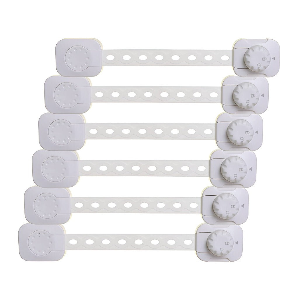 Set 6 Sigurante Usi Copii, Sistem de Blocare Mobilier, Sertare, Dulap, Frigider, Congelator, Usa Cuptor, Capac Toaleta, Previne Deschiderea Accidentala, Banda Autoadeziva, Fara Urme dupa Indepartare, Lungime Ajustabila, Sistem Inchidere Dublu, Alb