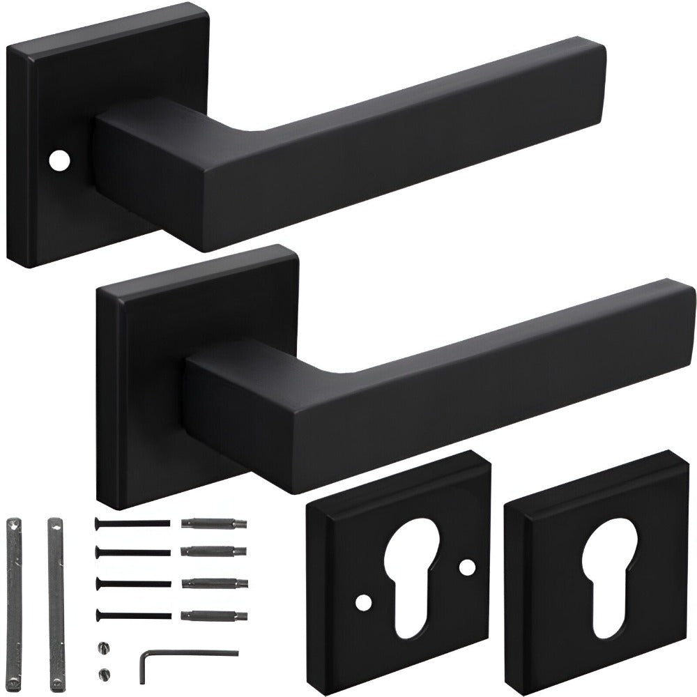Set Maner Usa Interior, cu Rozeta Cheie, Reversibil, Universal, Silentios, Reglabil, Elegant, Rezistent, din Aluminiu/Fier, pentru Living, Dormitor, Bucatarie, Baie, Accesorii Montare Incluse, 140 x 53 mm, Negru Mat