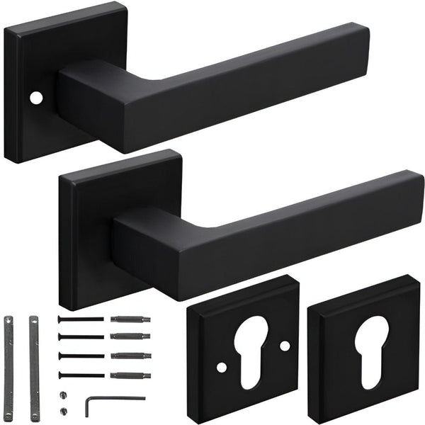 Set Maner Usa Interior, cu Rozeta Cheie, Reversibil, Universal, Silentios, Reglabil, Elegant, Rezistent, din Aluminiu/Fier, pentru Living, Dormitor, Bucatarie, Baie, Accesorii Montare Incluse, 140 x 53 mm, Negru Mat