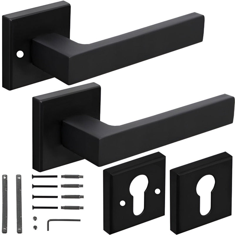 Set Maner Usa Interior, cu Rozeta Cheie, Reversibil, Universal, Silentios, Reglabil, Elegant, Rezistent, din Aluminiu/Fier, pentru Living, Dormitor, Bucatarie, Baie, Accesorii Montare Incluse, 140 x 53 mm, Negru Mat