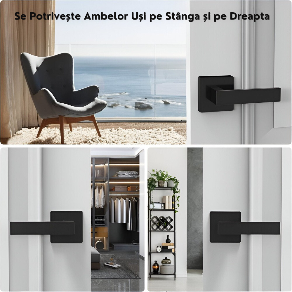 Set Maner Usa Interior, cu Rozeta Cheie, Reversibil, Universal, Silentios, Reglabil, Elegant, Rezistent, din Aluminiu/Fier, pentru Living, Dormitor, Bucatarie, Baie, Accesorii Montare Incluse, 140 x 53 mm, Negru Mat