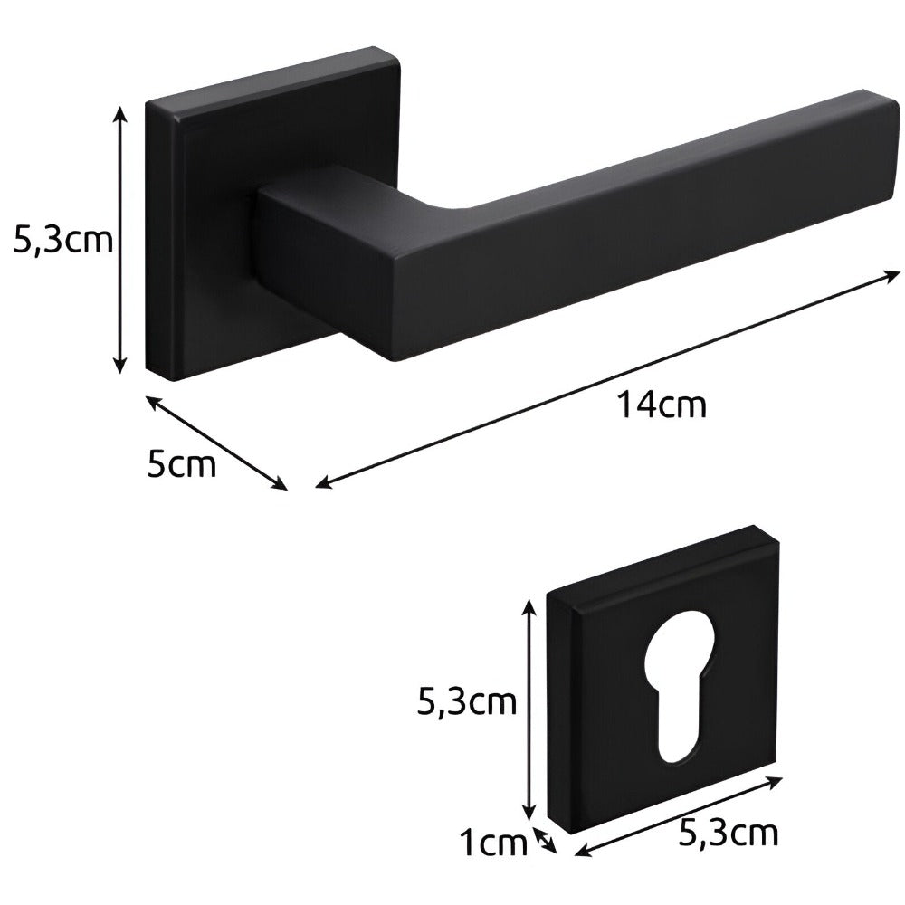 Set Maner Usa Interior, cu Rozeta Cheie, Reversibil, Universal, Silentios, Reglabil, Elegant, Rezistent, din Aluminiu/Fier, pentru Living, Dormitor, Bucatarie, Baie, Accesorii Montare Incluse, 140 x 53 mm, Negru Mat