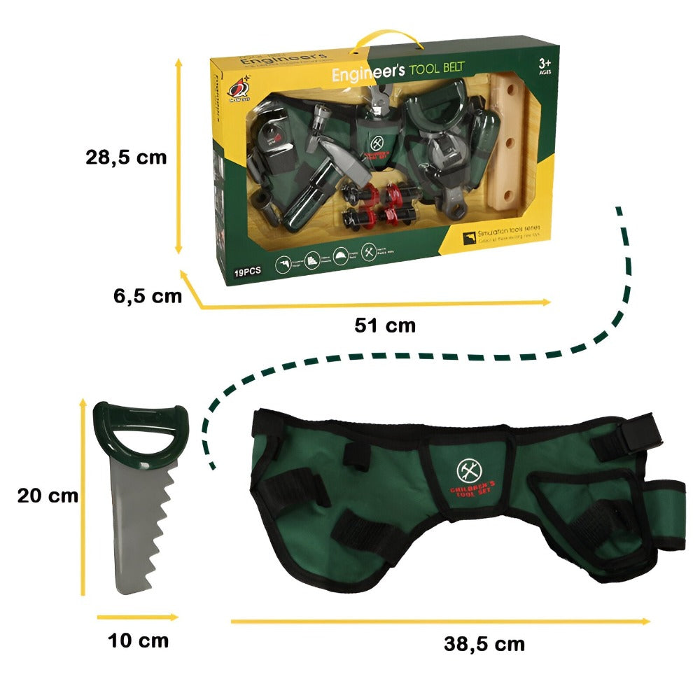 Set Scule de Joaca cu Centura Port, Ruleta, Fierastrau, Cheie Reglabila, Cleste, Ciocan, Surubelnita, Scanduri, Cuie, Suruburi si Piulite, Unelte, pentru Copii, Pasionati de Bricolaj, Dezvolta Creativitatea, Imaginatia, + 3 ani, Multicolor