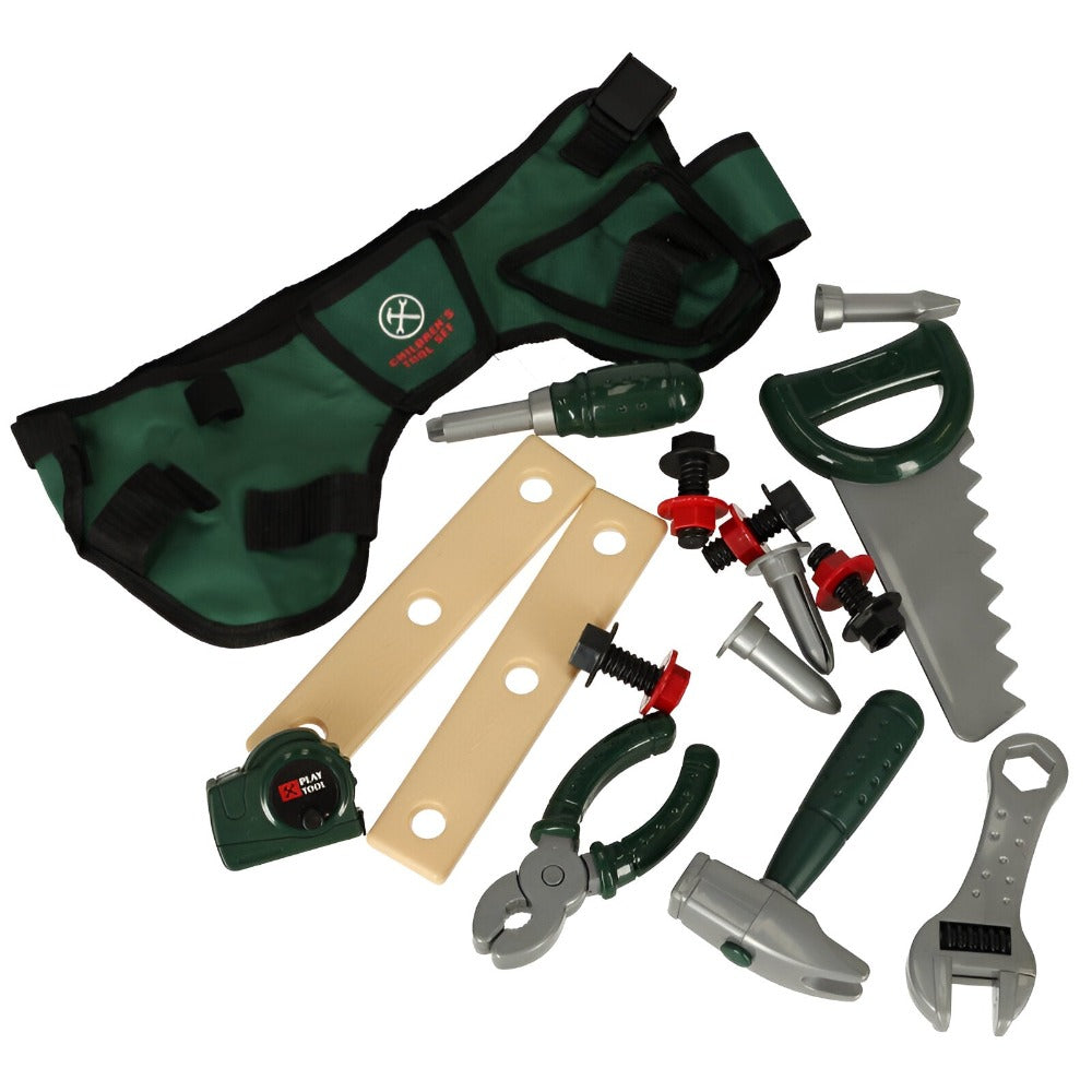 Set Scule de Joaca cu Centura Port, Ruleta, Fierastrau, Cheie Reglabila, Cleste, Ciocan, Surubelnita, Scanduri, Cuie, Suruburi si Piulite, Unelte, pentru Copii, Pasionati de Bricolaj, Dezvolta Creativitatea, Imaginatia, + 3 ani, Multicolor