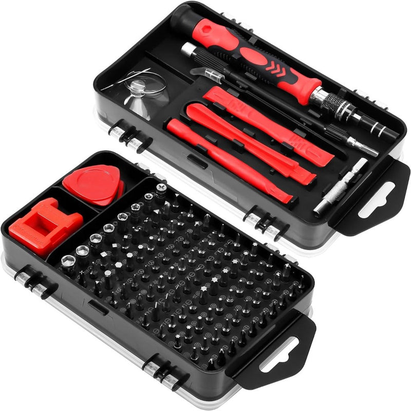 Set Surubelnite de Precizie 110 in 1, 98 Biti, pentru Electronice, Electrocasnice, Mobilier, Telefoane, Macbook, iMac, iPhone, Flexibila, cu Ventuza, Penseta, Magnetizare, Maner Ergonomic si Carcasa Depozitare, Negru/Rosu