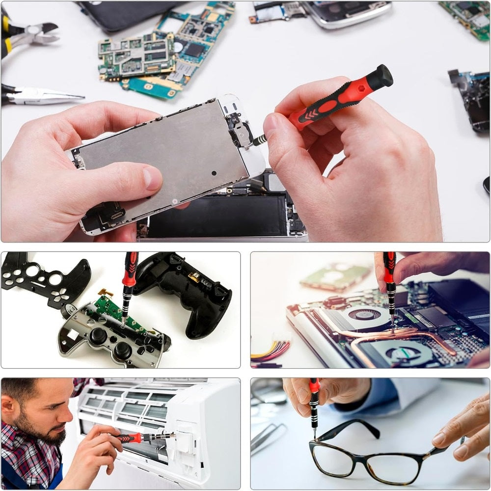 Set Surubelnite de Precizie 110 in 1, 98 Biti, pentru Electronice, Electrocasnice, Mobilier, Telefoane, Macbook, iMac, iPhone, Flexibila, cu Ventuza, Penseta, Magnetizare, Maner Ergonomic si Carcasa Depozitare, Negru/Rosu