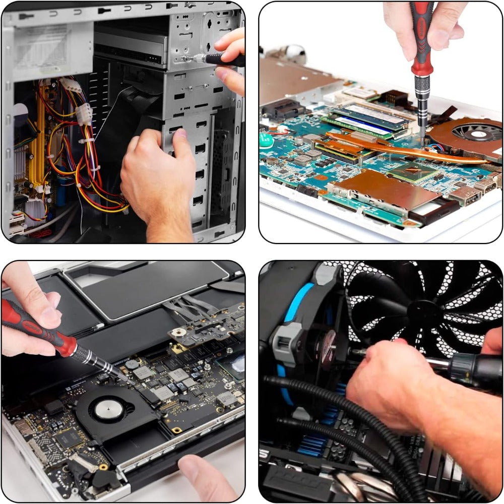 Set Surubelnite de Precizie 110 in 1, 98 Biti, pentru Electronice, Electrocasnice, Mobilier, Telefoane, Macbook, iMac, iPhone, Flexibila, cu Ventuza, Penseta, Magnetizare, Maner Ergonomic si Carcasa Depozitare, Negru/Rosu