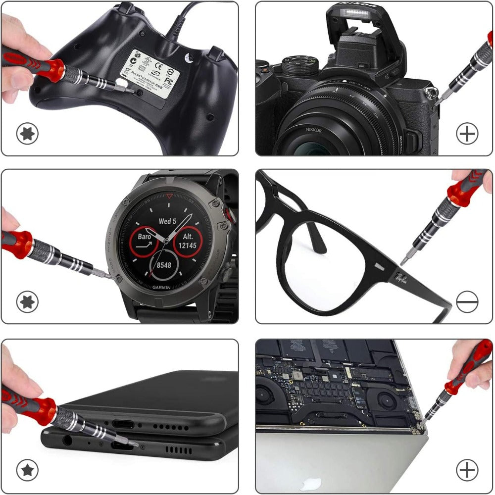 Set Surubelnite de Precizie 110 in 1, 98 Biti, pentru Electronice, Electrocasnice, Mobilier, Telefoane, Macbook, iMac, iPhone, Flexibila, cu Ventuza, Penseta, Magnetizare, Maner Ergonomic si Carcasa Depozitare, Negru/Rosu