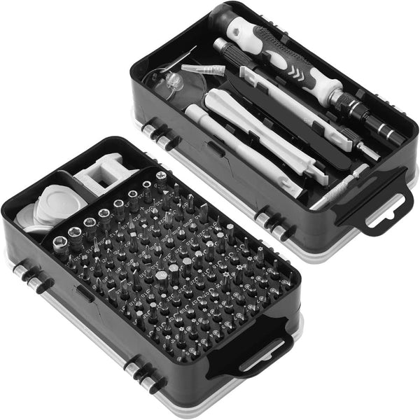 Set Surubelnite de Precizie 115 in 1, 98 Biti, pentru Electronice, Electrocasnice, Mobilier, Telefoane, Macbook, iMac, iPhone, Flexibila, cu Ventuza, Penseta, Magnetizare, Maner Ergonomic si Carcasa Depozitare, Negru/Gri