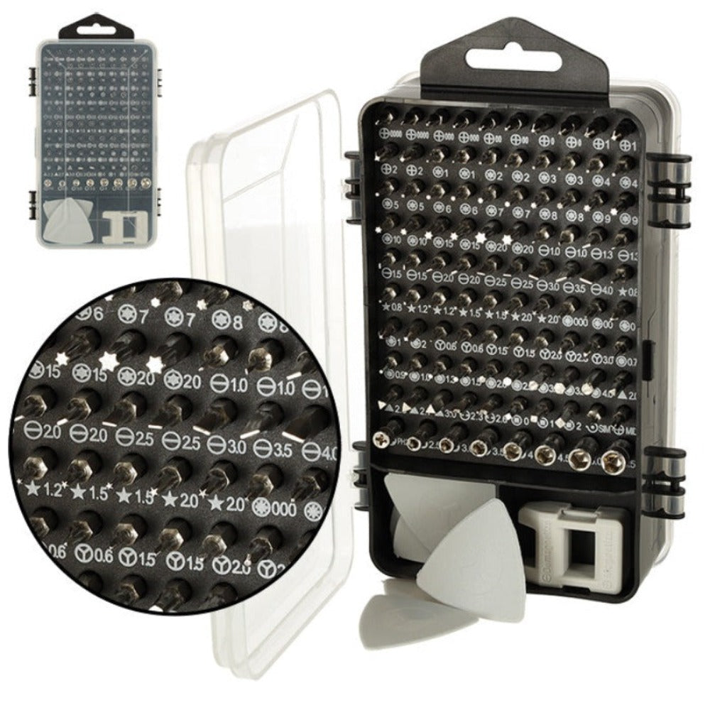 Set Surubelnite de Precizie 115 in 1, 98 Biti, pentru Electronice, Electrocasnice, Mobilier, Telefoane, Macbook, iMac, iPhone, Flexibila, cu Ventuza, Penseta, Magnetizare, Maner Ergonomic si Carcasa Depozitare, Negru/Gri
