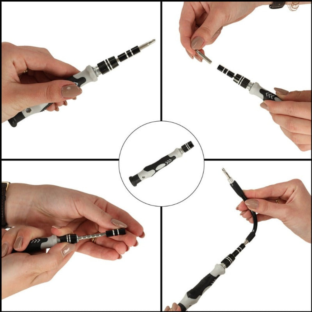 Set Surubelnite de Precizie 115 in 1, 98 Biti, pentru Electronice, Electrocasnice, Mobilier, Telefoane, Macbook, iMac, iPhone, Flexibila, cu Ventuza, Penseta, Magnetizare, Maner Ergonomic si Carcasa Depozitare, Negru/Gri