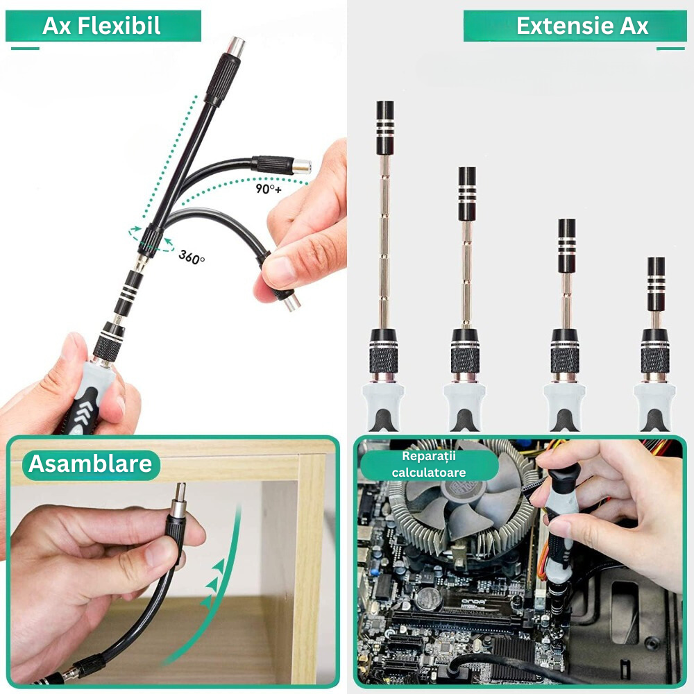 Set Surubelnite de Precizie 115 in 1, 98 Biti, pentru Electronice, Electrocasnice, Mobilier, Telefoane, Macbook, iMac, iPhone, Flexibila, cu Ventuza, Penseta, Magnetizare, Maner Ergonomic si Carcasa Depozitare, Negru/Gri