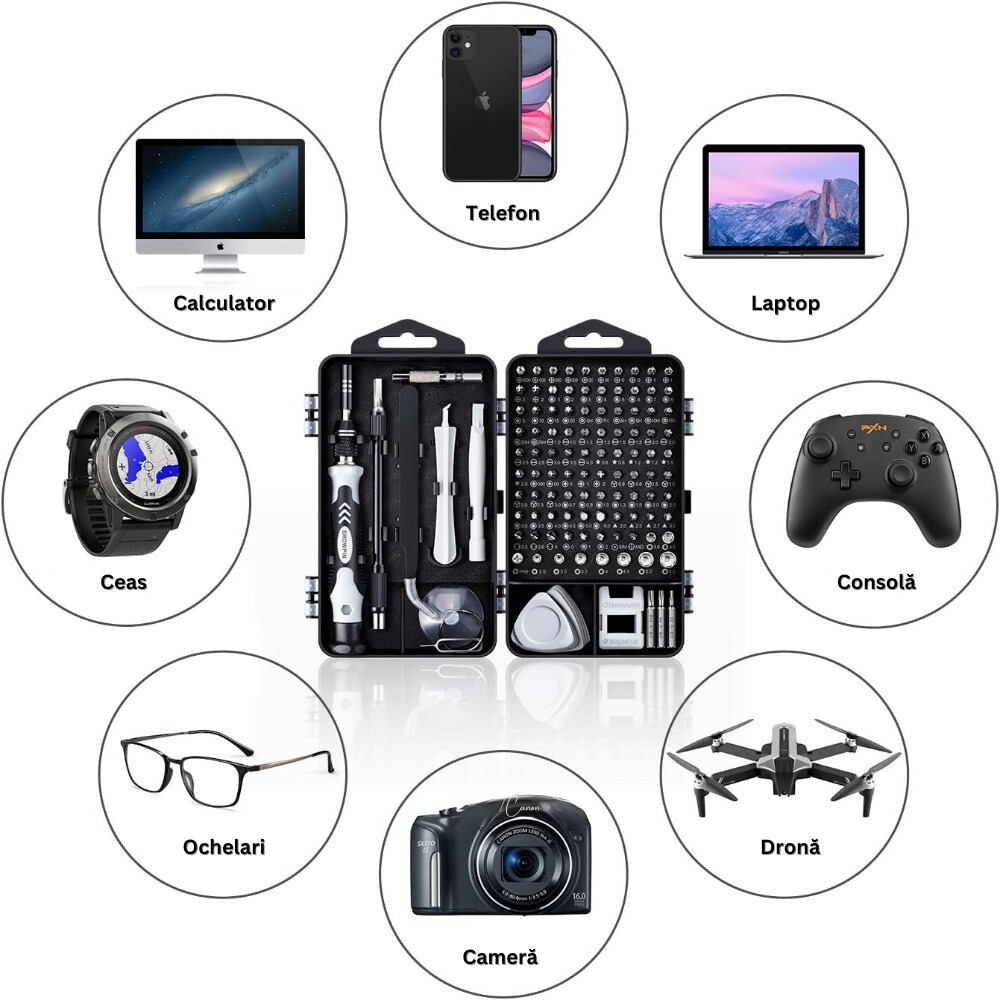 Set Surubelnite de Precizie 115 in 1, 98 Biti, pentru Electronice, Electrocasnice, Mobilier, Telefoane, Macbook, iMac, iPhone, Flexibila, cu Ventuza, Penseta, Magnetizare, Maner Ergonomic si Carcasa Depozitare, Negru/Gri