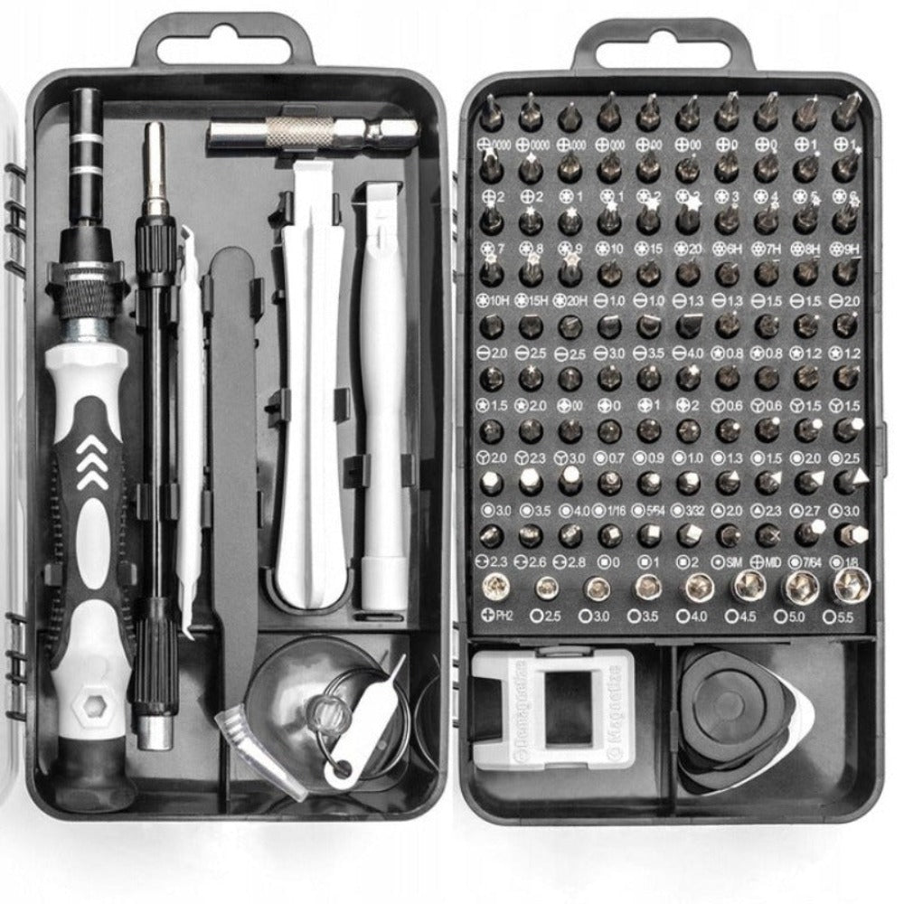 Set Surubelnite de Precizie 115 in 1, 98 Biti, pentru Electronice, Electrocasnice, Mobilier, Telefoane, Macbook, iMac, iPhone, Flexibila, cu Ventuza, Penseta, Magnetizare, Maner Ergonomic si Carcasa Depozitare, Negru/Gri