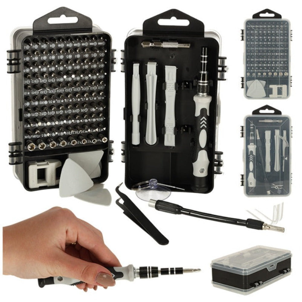 Set Surubelnite de Precizie 115 in 1, 98 Biti, pentru Electronice, Electrocasnice, Mobilier, Telefoane, Macbook, iMac, iPhone, Flexibila, cu Ventuza, Penseta, Magnetizare, Maner Ergonomic si Carcasa Depozitare, Negru/Gri