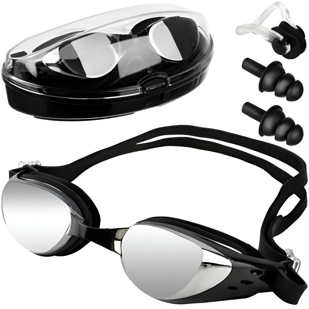 Set de Inot, Ochelari Anti-Aburire si Protectie UV, Lentile Oglinda Polarizate, Dopuri Urechi Moi Ajustabile, Cleste Nas, pentru Profesionisti si Amatori, Marime Curea Reglabila 36-40 cm, Unisex, Carcasa Depozitare Inclusa, Negru